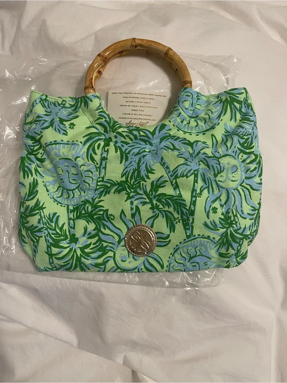 Lilly Pulitzer Green Tropical Print Bamboo-Handle Tote Bag
